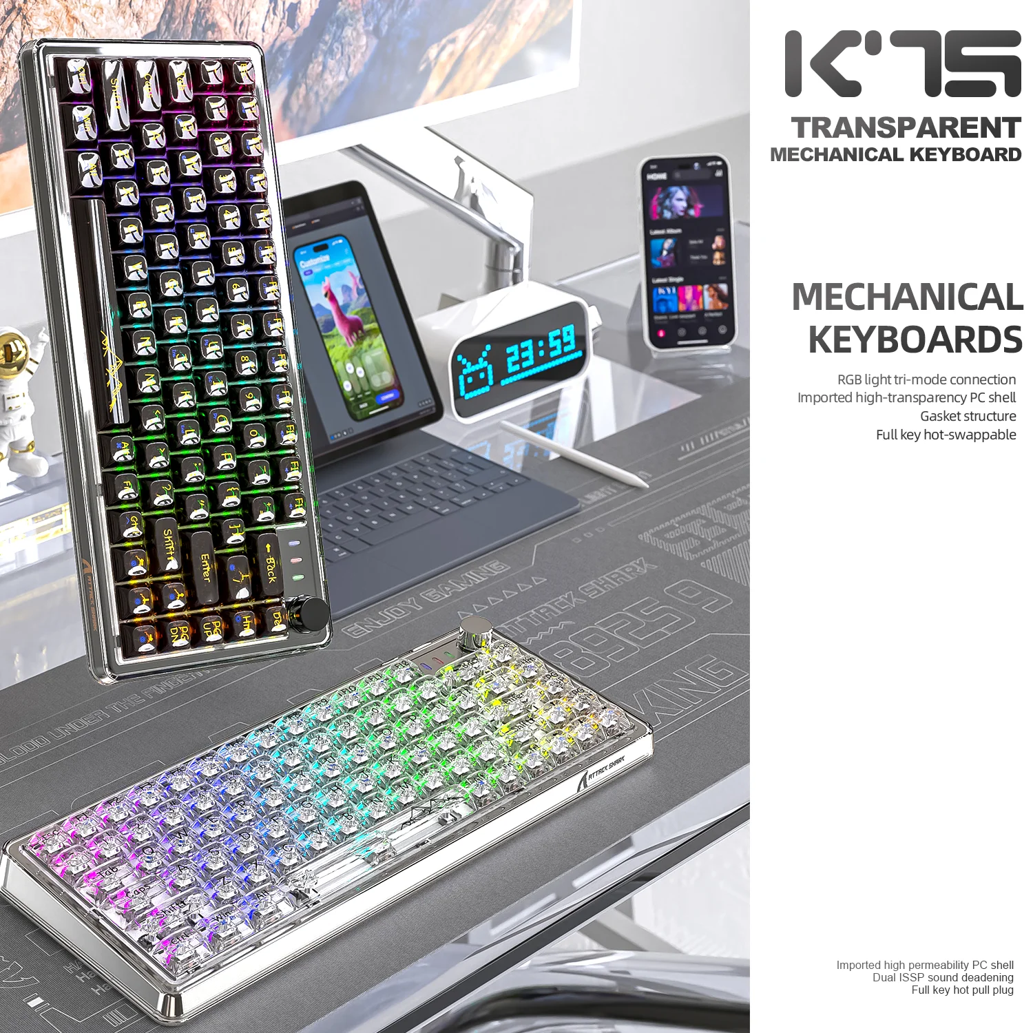

K75 Custom Transparent Mechanical Keyboard Full Key Hot Swap 18 RGB Tri-Mode Keyboard 81 Keys Transparent Keycaps For Win/Mac