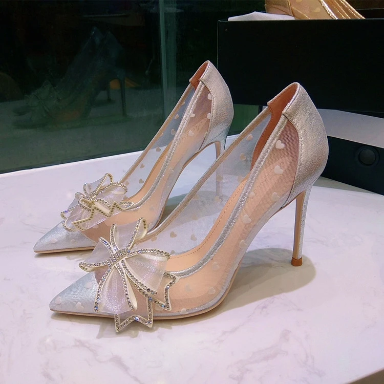 

2023 New Women High Heels Fashion Rhinestone Bow Stiletto Party Shoes All-match Silver Pointed Toe Women Pumps Zapatillas Mujer