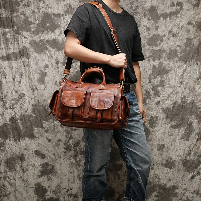 Luxury Crazy Horse Genuine Leather Men Handbag Large Capacity Briefcase Retro Shoulder Messenger Bag Male Travel Hand Tote Bag