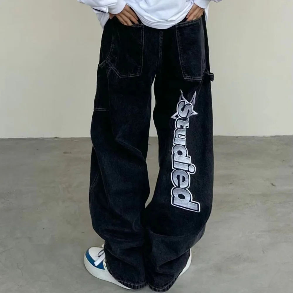 

2022autumn and winter new retro high street letters Embroidery jeans women wide leg pants couples loose casual high waist pants