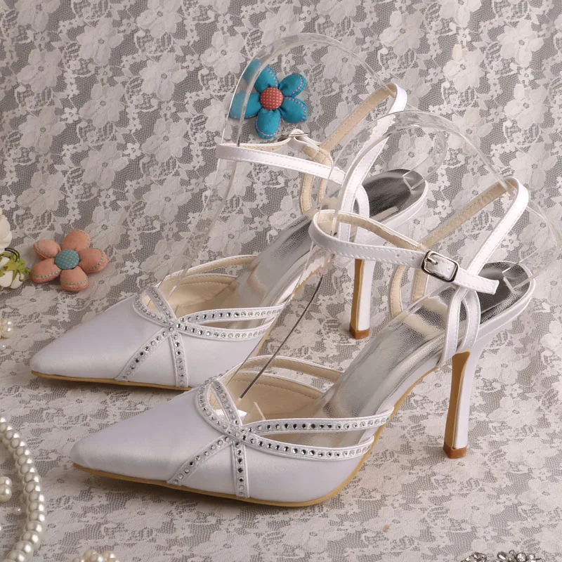 

Туфли-лодочки ручной работы с острым носком и белыми кристаллами Свадебные туфли с ремешком на пятке