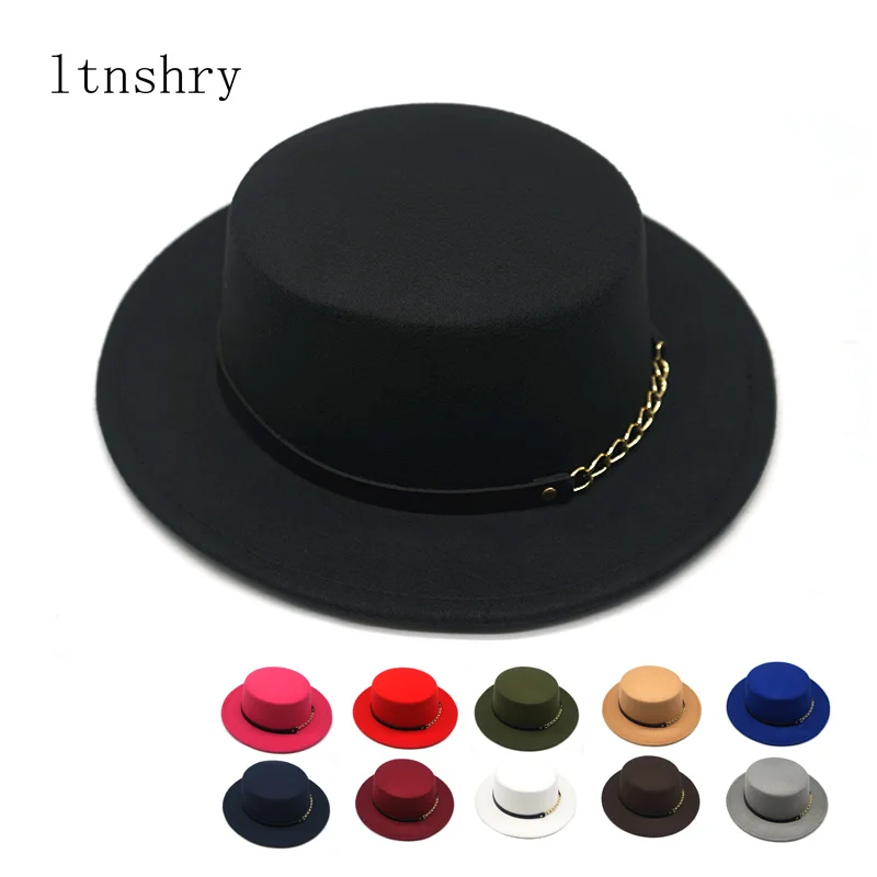 

Women Men Wool Fedora Hat With Gold chain Ribbon Gentleman Elegant Lady Winter Autumn Wide Brim Jazz Church Panama Top hat