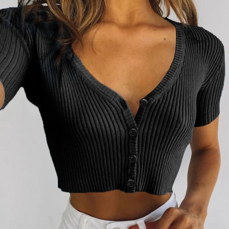 

Kayotuas Women T-Shirt Summer Fashion Short Sleeve Button Sexy Solid Slim Fit Top Stylish Girls High Street Clothing Cardigan