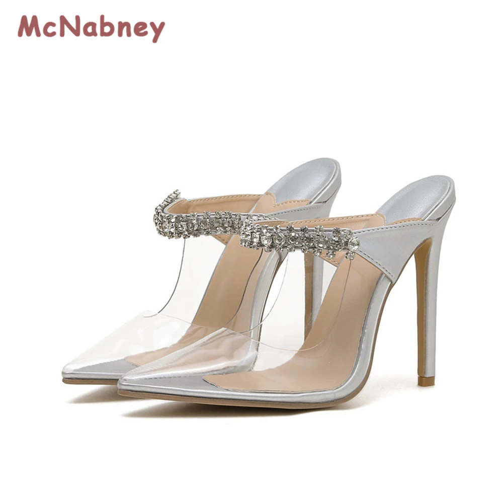 Crystal Clear Soft Women Pumps Slippers Fashion High Heels Luxury Rhinestone Pointed Toe Stiletto Summer Party Prom Slides