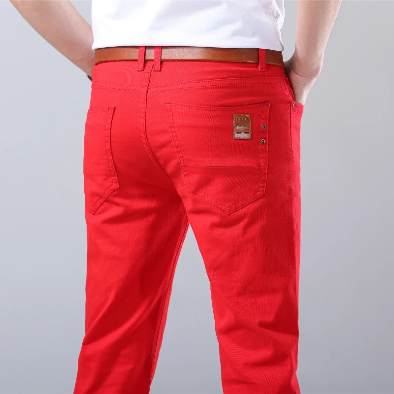 's Jeans Fashion Business Casual Straight Slim Fit Denim Stretch Trousers White Yellow Red Brand Male Pants