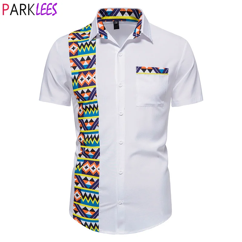 

Mens African Ethnic Printed Patchwork Design Shirt Short Sleeve Button Up Traditional Dashiki Shirt Men African Clothes Chemise
