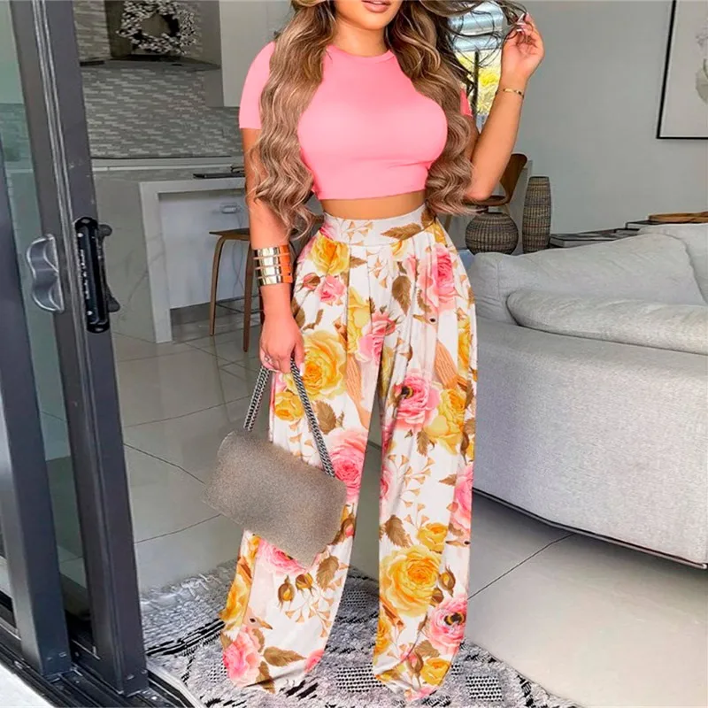

Vintage Floral Print Wide Leg Suits Women Summer Fashion Loose O-neck Short Sleeve Tops+Long Pants Wide-Leg Pant Two Pieces Set
