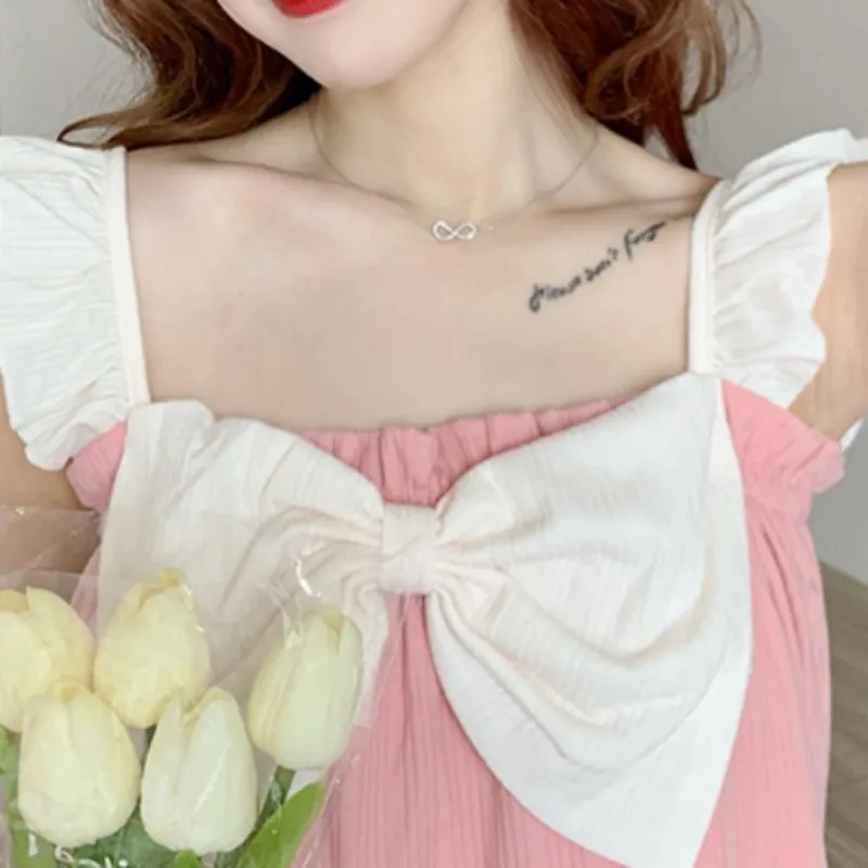 M-XXL Sleeveless Summer Sling Dresses Superior Polyester Thin Women's Home Clothes Sweets Bow Sleepwear Knee Length With Bra