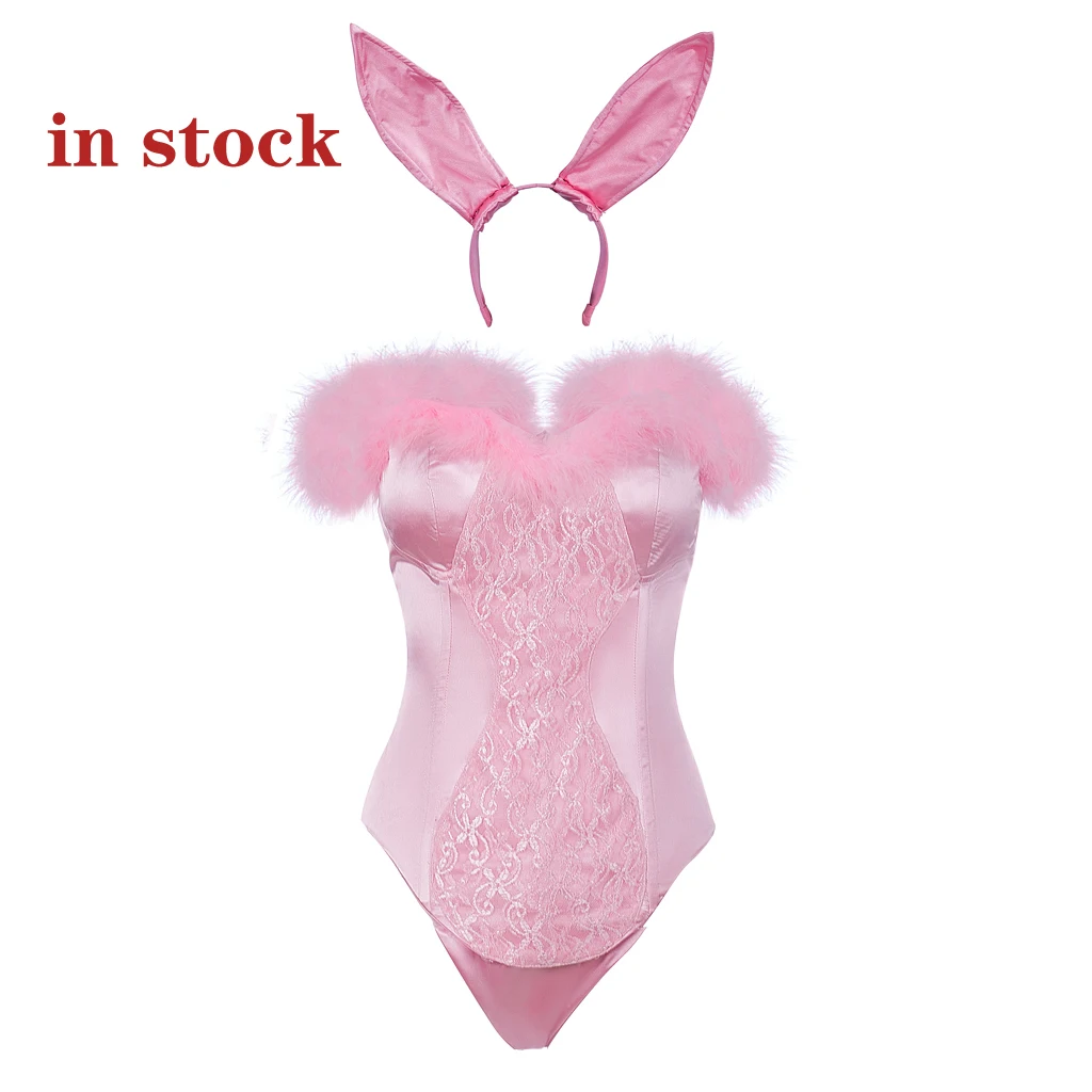 

CostumeBuy Elle Woods Bunny Costume Pink Rabbit Bodysuit Halloween Women Sexy Ears Set Onesie Corset Costume