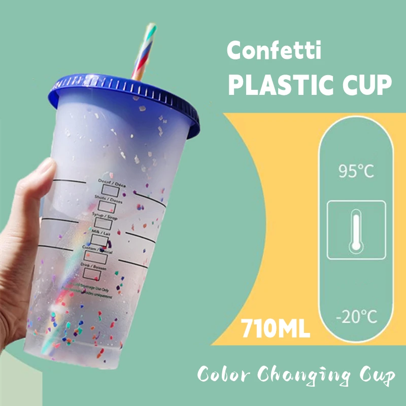 

710ML Confetti Straw Cup Reusable Water Bottle For Bubble Tea Boba Milk Fruit Plastic Matte Tumbler Color Changing Mug With Lid