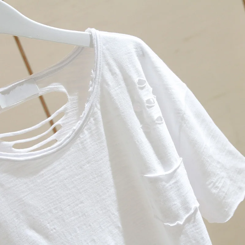 Рваная футболка с коротким рукавом женская Ins2024 весеннее свободная хлопковая