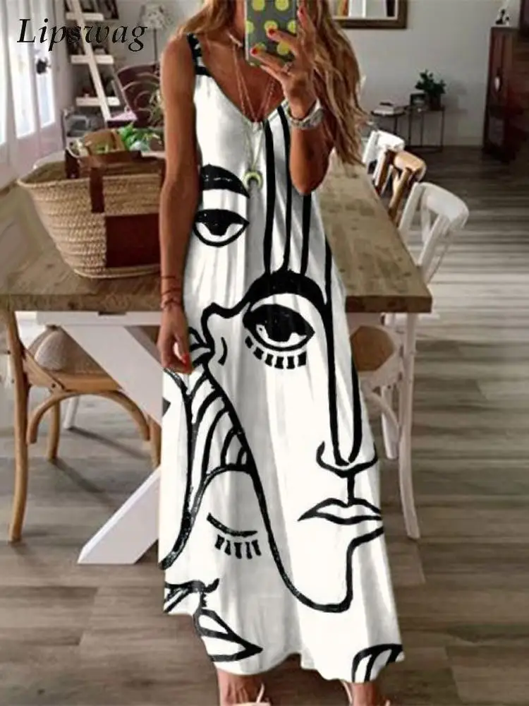 

Женское винтажное платье с принтом, Свободное длинное пляжное платье в стиле бохо, с V-образным вырезом, без рукавов, на бретельках, повседне...