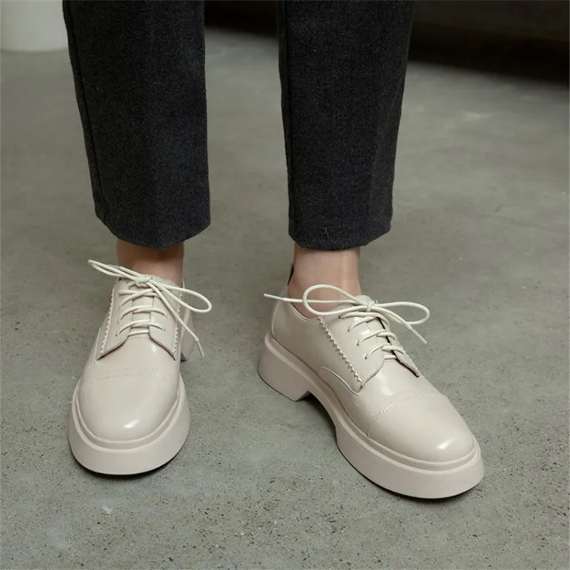 

2021 Spring Women Shoes Genuine Leather Round Toe Lace Up Platform Shoes Comfortable and All-match Autumn Shoes Platform Pumps