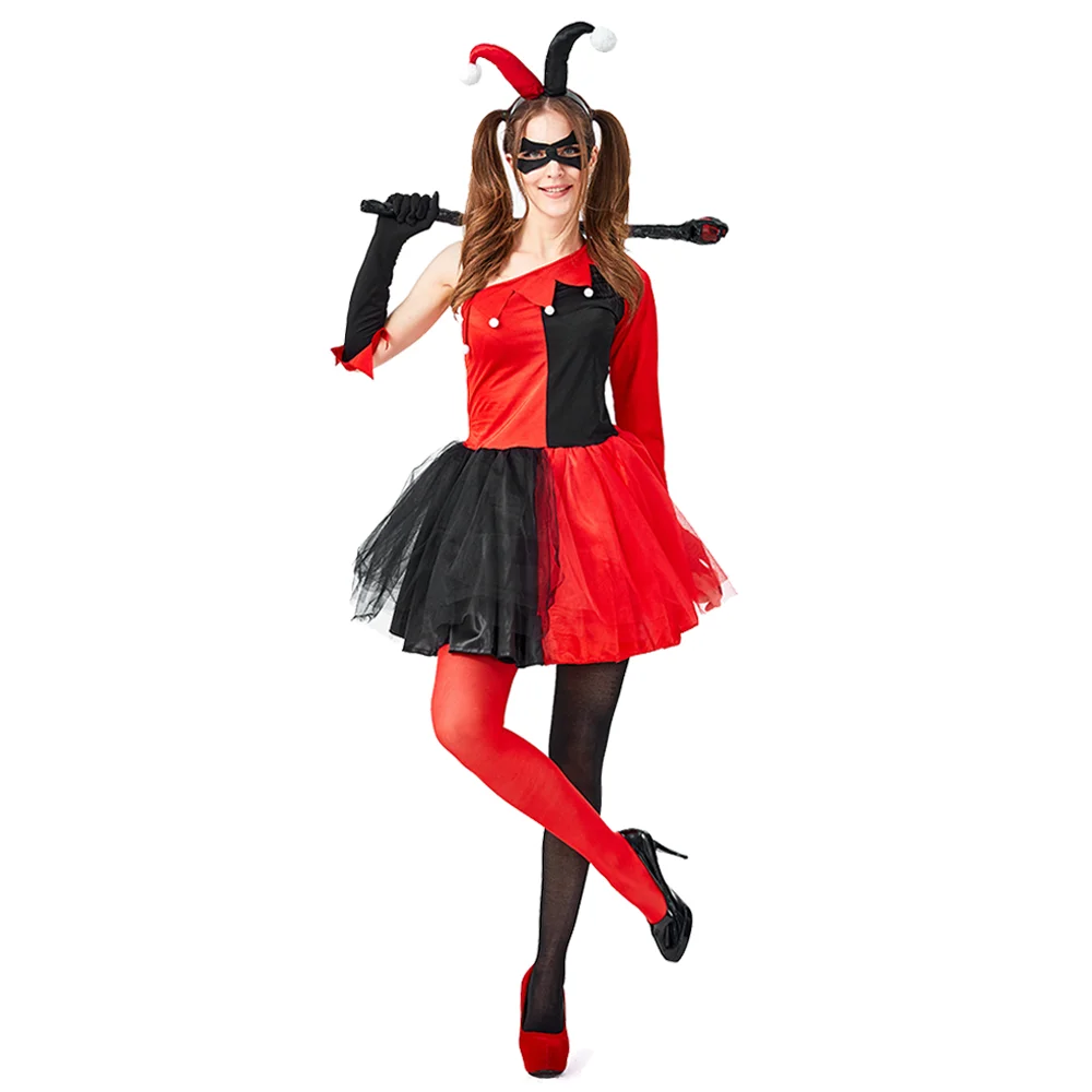 Women Quinn Cosplay Dresses Halloween Black Red Clown Killer Costume Carnival Easter Purim Fancy Dress