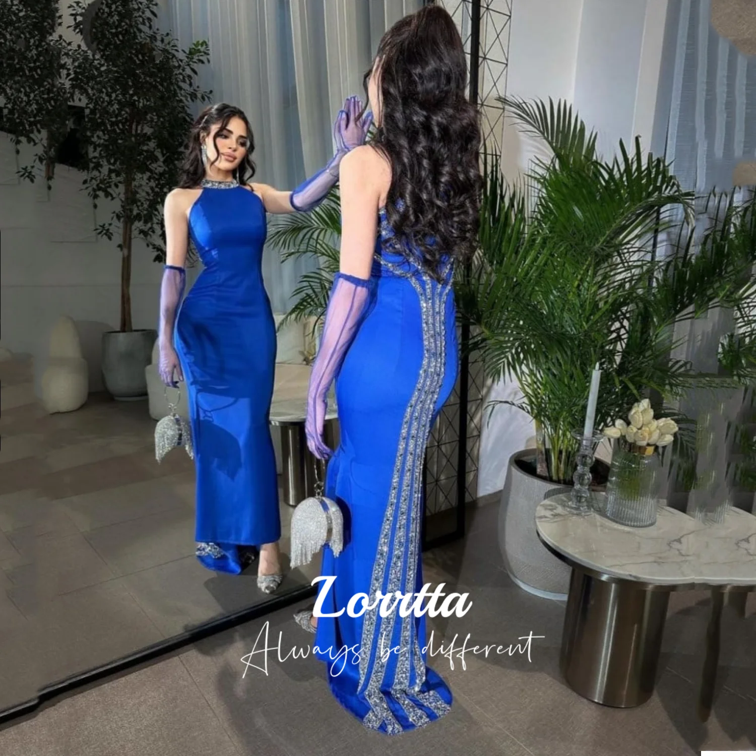 

Lorrtta Fashion Blue Sleeveless Sequined Crystal Mermaid Long Evening Dress Floor Length Sweep Train Formal Prom Gown New