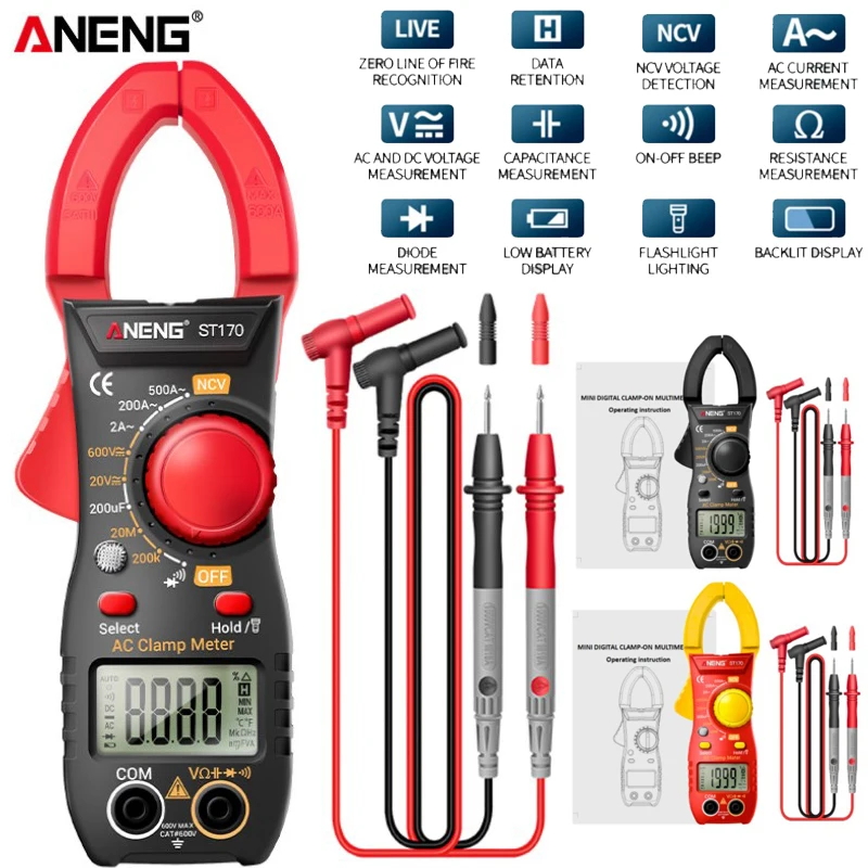 

ANENG ST170 Clamp Meter Digital Multimeter 500A AC Current AC/DC Voltage Tester 1999 Counts Hz Capacitance NCV Ohm Diode Test