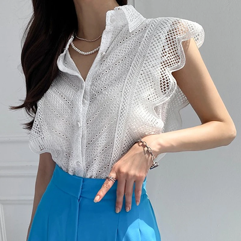 

Sleeveless Summer Lace Shirt Women Fashion White Top 2023 Elegant Ruffled Flying Sleeve Blouse Loose Casual Hollow Shirts 27581