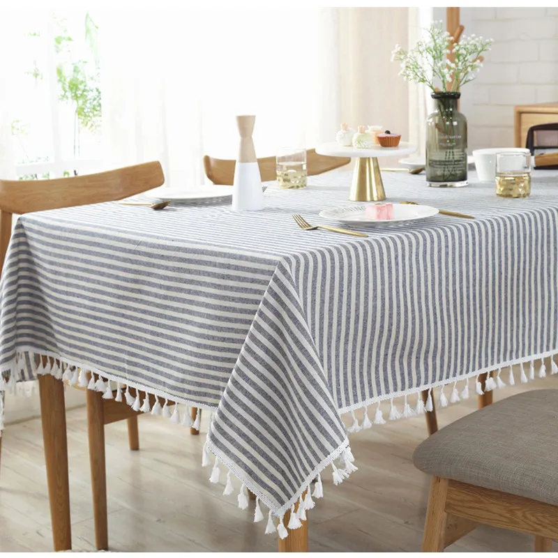 

Striped Linen Tablecloth with Tassel Plain Tea Table Cover Tablecloth Rectangular Table Decor Elegant Table Cloths Wedding Decor