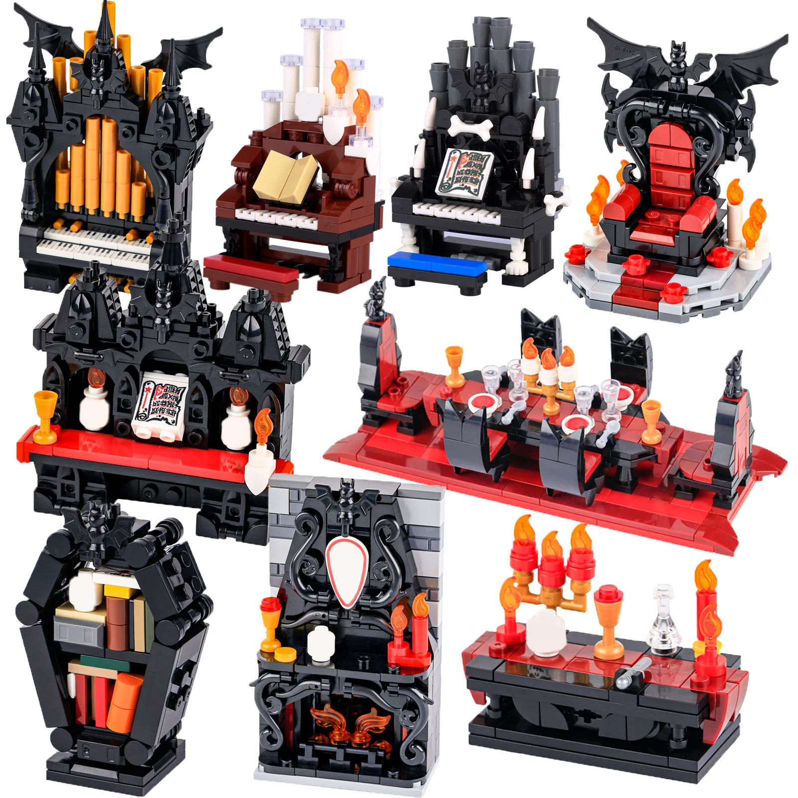 Фото MOC Vampire Buliding Blocks Halloween Series Medieval Bricks Piano Dining-Table Throne Carriage Model Toy Set №1