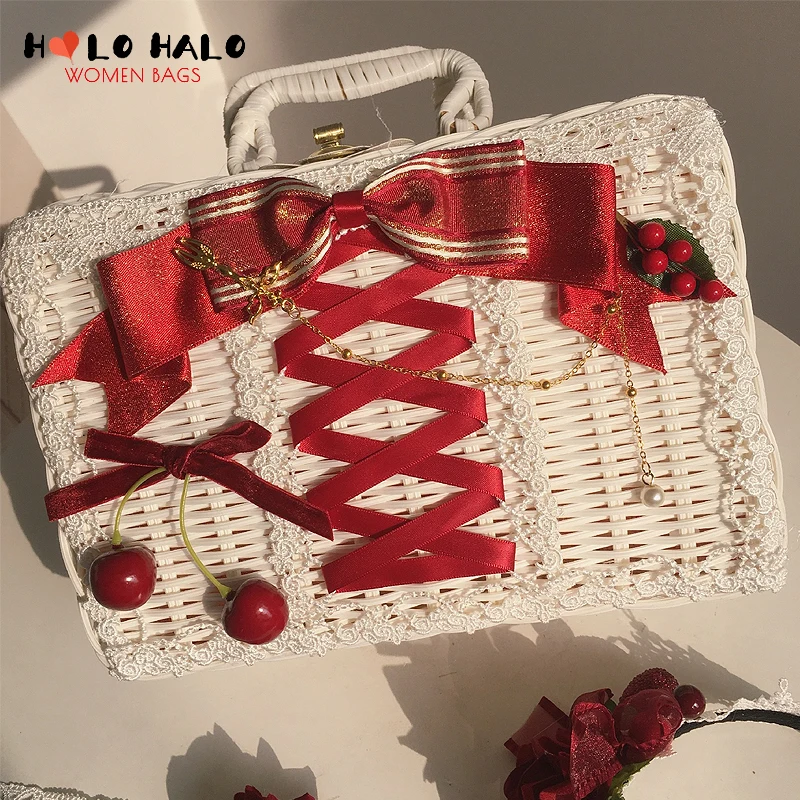 

Lolita Cherry Decorate Red Bow Rattan Suitcase and Handbag for Girl Plastic Case Box Cosplay Straw Woven Designer Rose Hand Bag