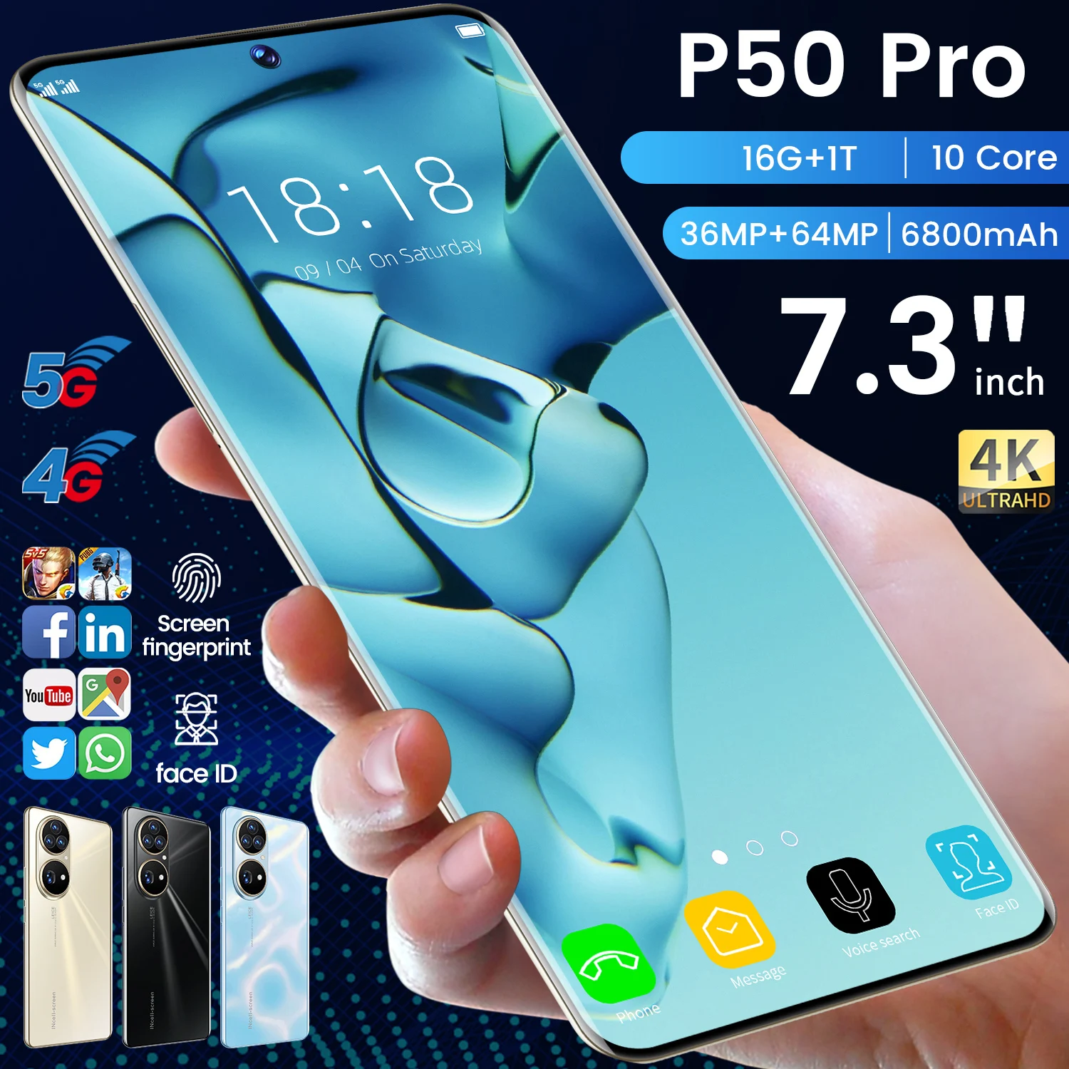 P50 Pro Global Version Cellphone 16GB RAM 1TB ROM 7.3 Inch Real Perforated HD Screen Smartphone Android Unlocked Mobile Phones |