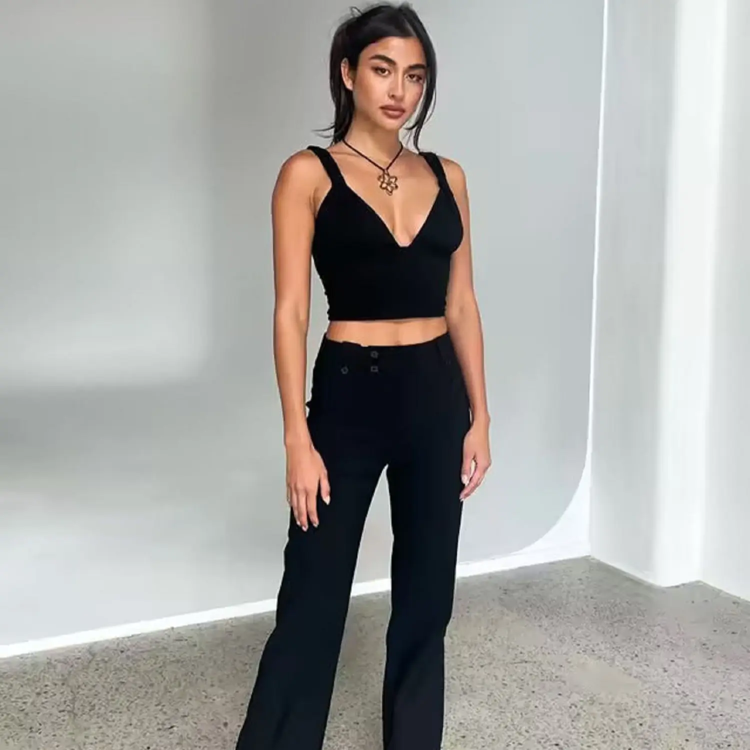 

DYLQFS 2023 NEW Summer Women Black Button Zipper Decoration Casual Vintage Streewear Blazer Pants