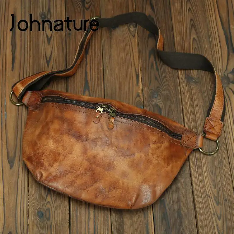 

Johnature Genuine Leather Vintage Men Chest Bag 2022 New Natural Real Cowhide Solid Color Leisure Travel Shoulder Messenger Bags