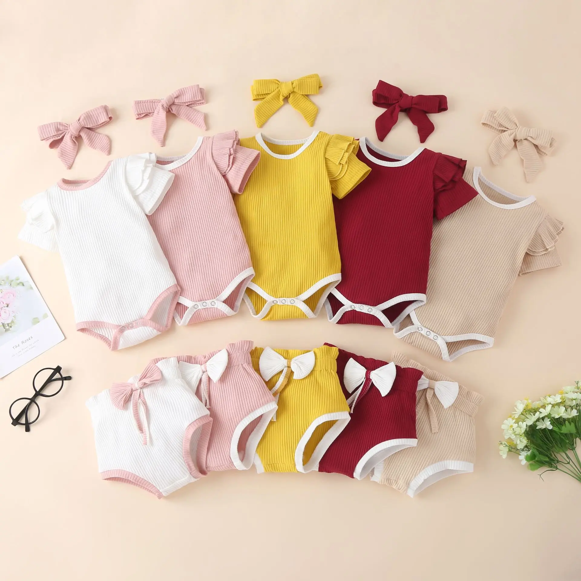 3Pcs Newborn Baby Outfits For Girls Summer Pit Cotton Short Sleeve Romper Top +Bow Shorts + Headband Toddler Clothing Sets 0-24M