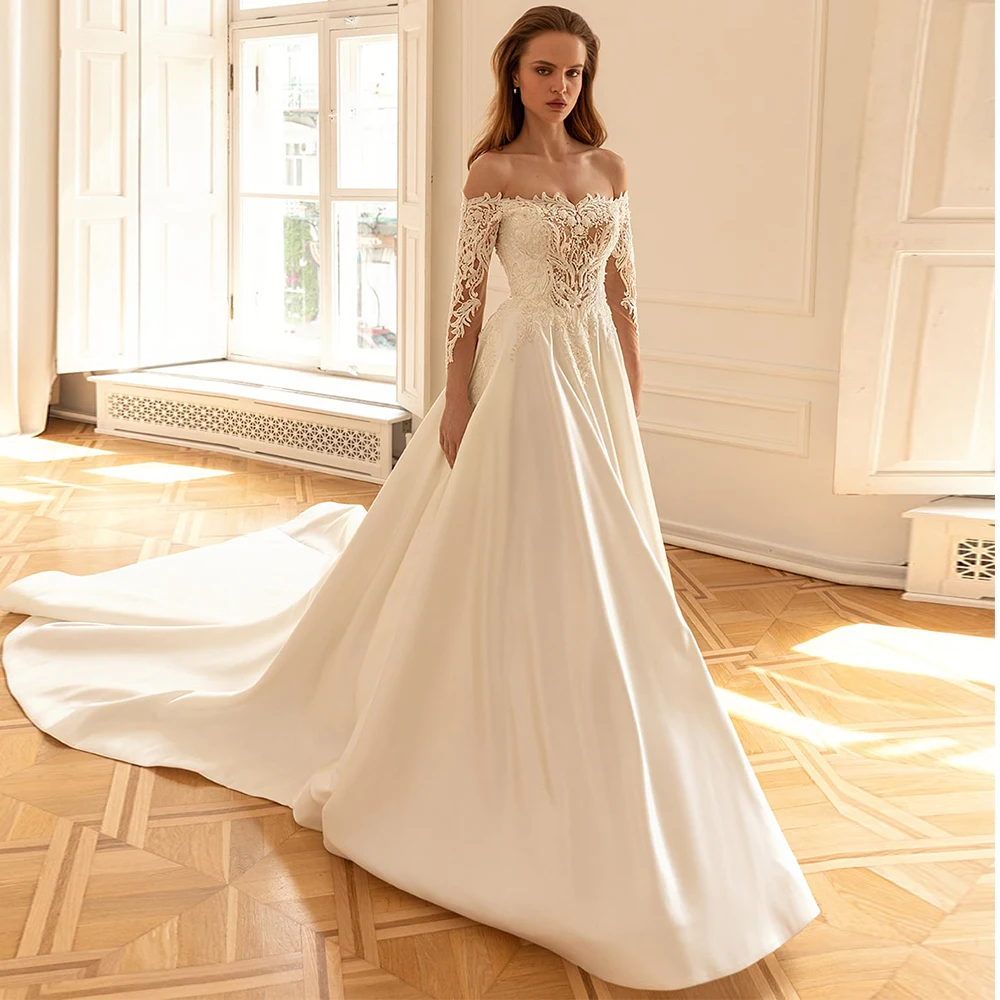

Love A Line Wedding Dresses Royal Off The Shoulder Bridal Gowns Lace Floor Length High Quality Satin Dress Robe De Mariée Summer