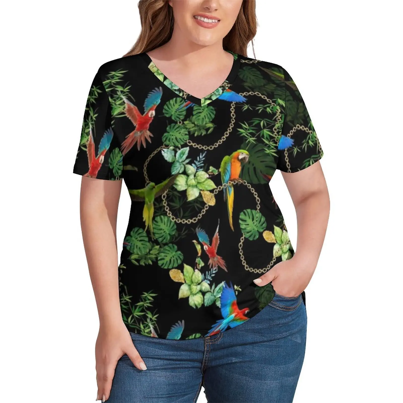 

Gold Chains Print T-Shirts Tropic Parrots V Neck Korean Fashion T-Shirt Short Sleeve Women Pretty Tshirt Tees Plus Size 2XL 3XL
