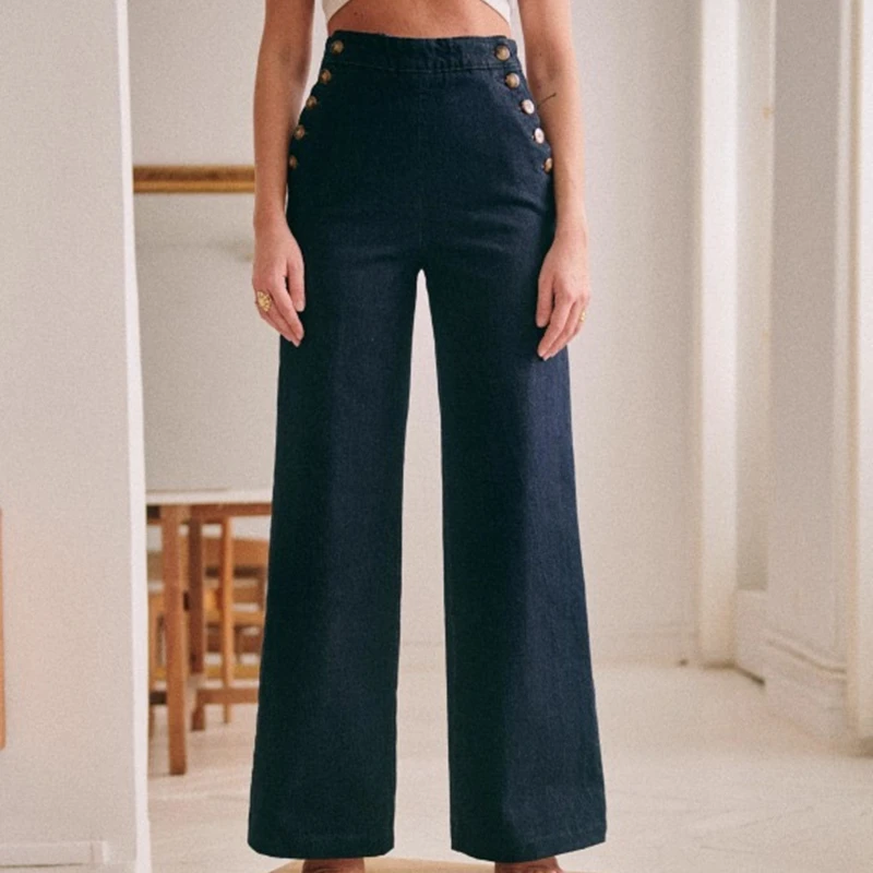 Women Retro Double Breasted High Waist Jeans Wide Leg Pants Small Flared Trousers