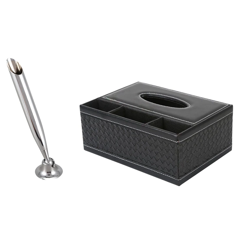 

1 Pcs Office Desktop Pen Holder & 1 Pcs Multifunction PU Leather Pen Pencil Remote Control Tissue Box (Black)