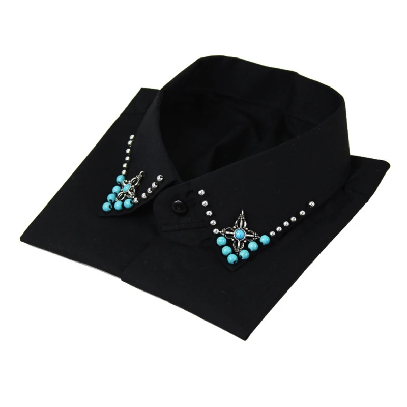 

Korean Women Handmade Beading Turquoise Lapel False Fake Collar Button Down Detachable Black Half Shirt Decorative Jewelry Top