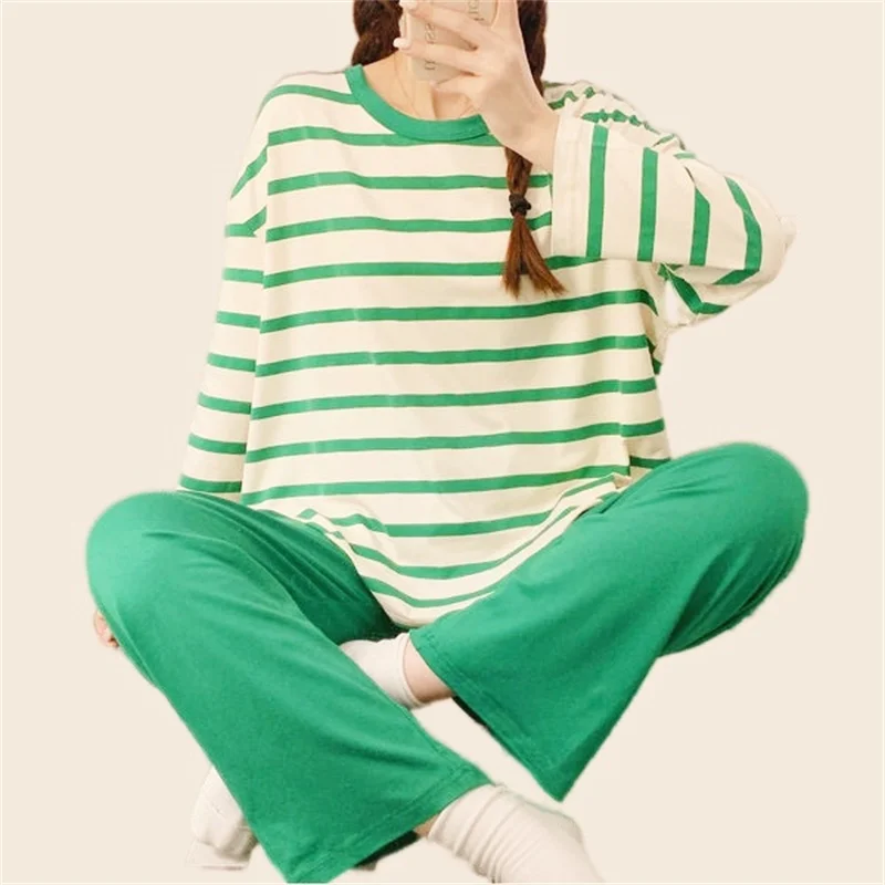 Women's Stripe Pajamas Set Sweet Pink Pyjama Big Size Soft Cotton Homewear Cozy Sleepwear Princess Cute Style 2 PCS/Set Pjs