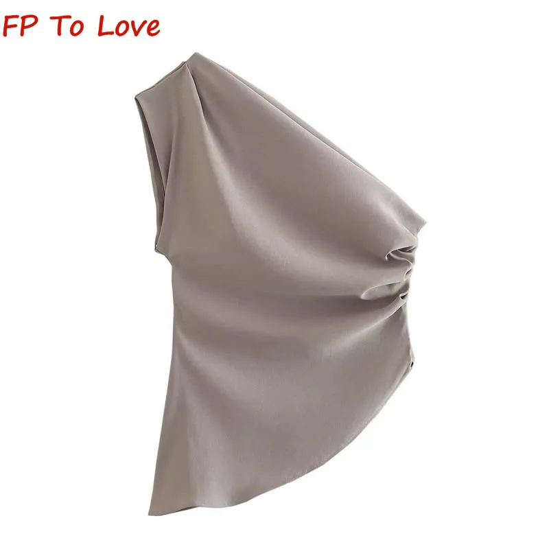 

Y2K 2023 Summer Asymmetric Tops Chic Streetwear Grey Women's Pleated Personalized Tank Tops 0085402 806