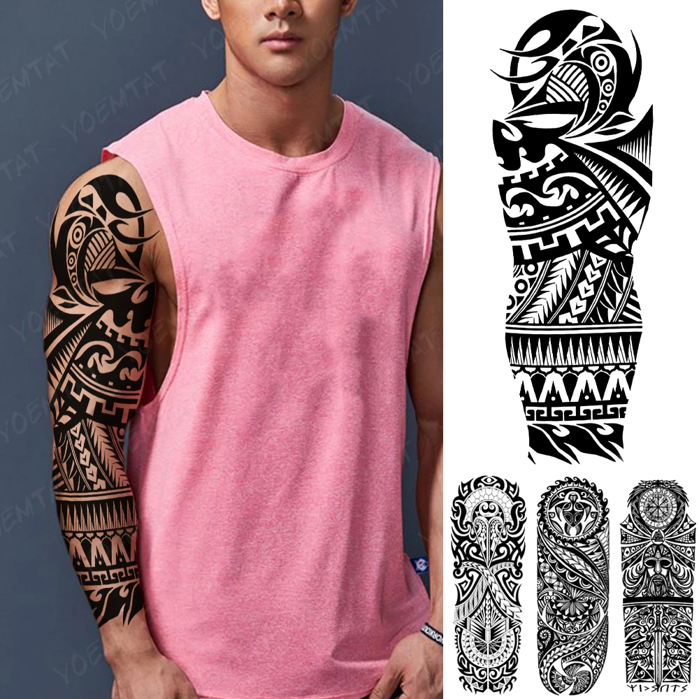 

Waterproof Temporary Tattoo Stickers Tribal Totem Spiral Pattern Turtle Clock Tatto Black Body Art Fake Tattoos For Men Women