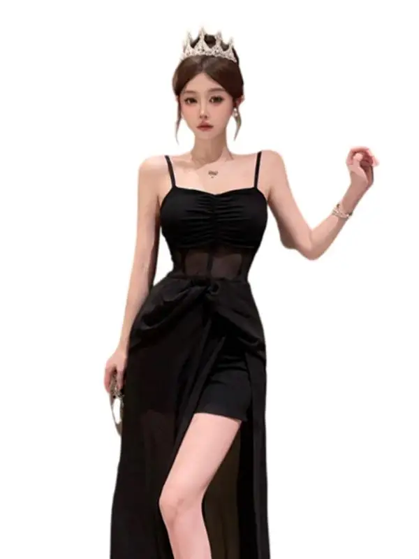 Южная Корея Шикарное французское платье Hepburn Sle Черное облегающее талию на