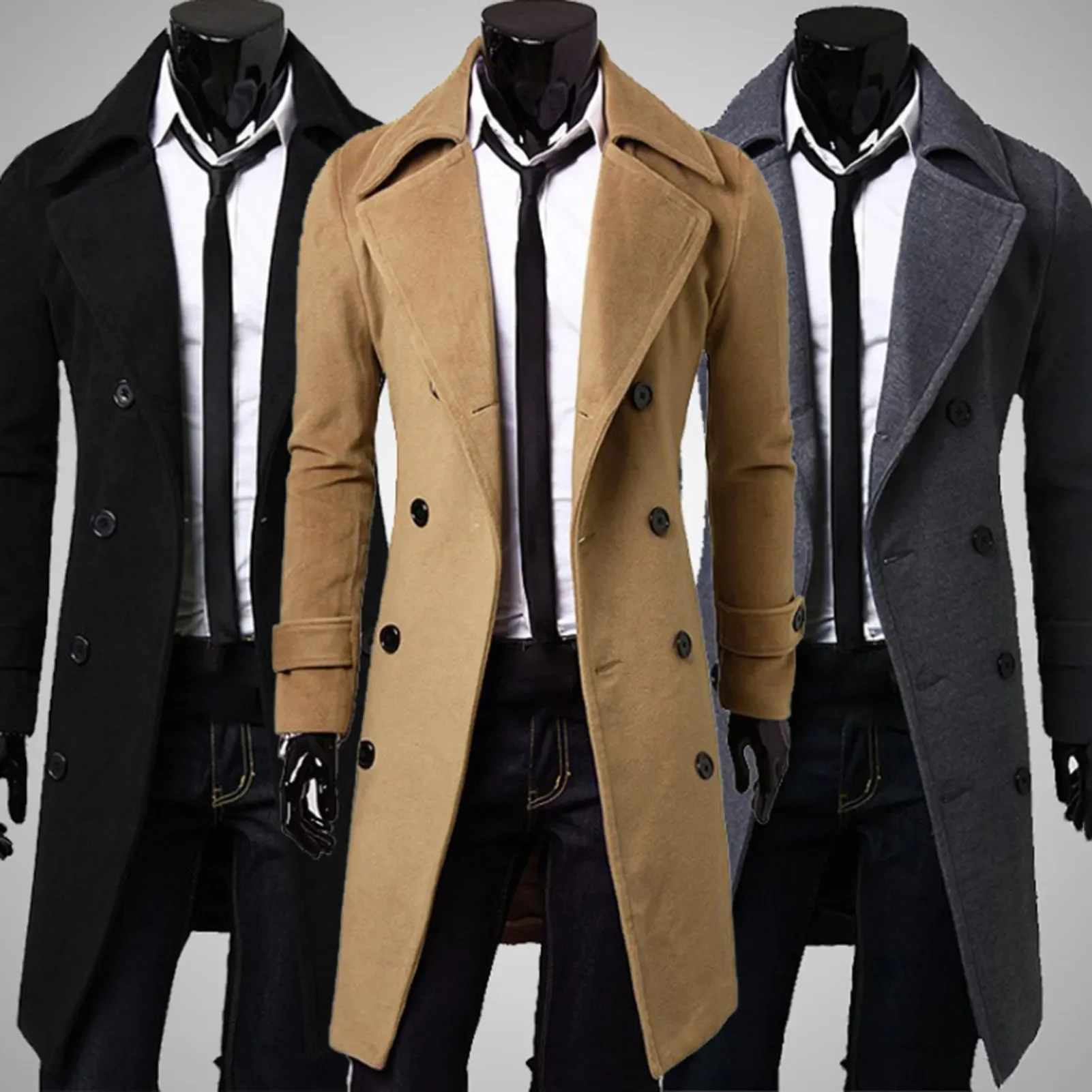 

Тренчкот мужской длинный двубортный, ветрозащитная плотная приталенная куртка средней длины в британском стиле, ветровка, Осень-зима