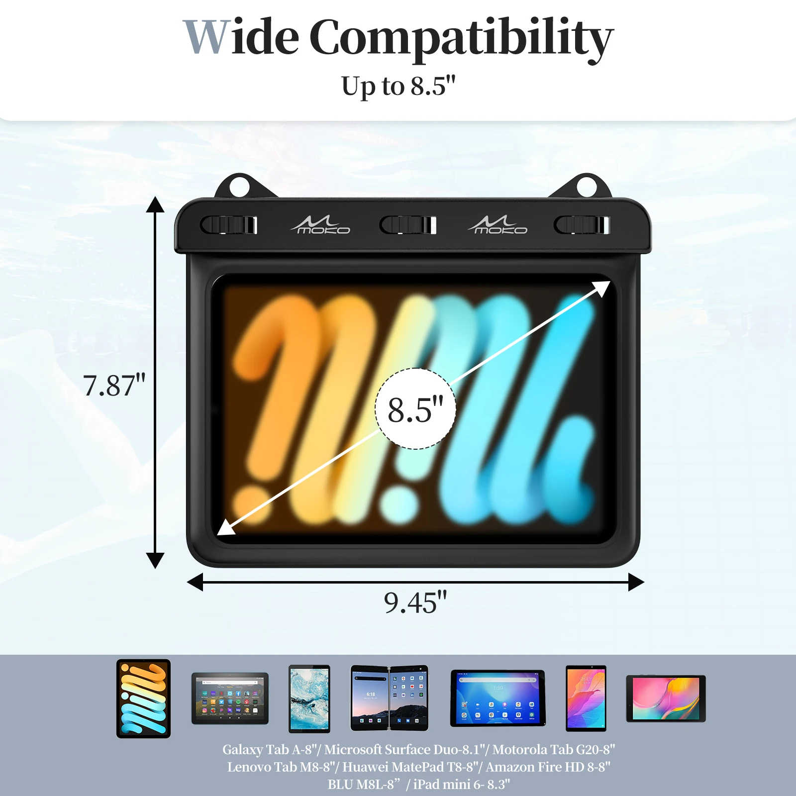 MoKo Waterproof Tablet Case for Fire HD 8/Fire 7, iPad Mini 6/5/4/3, Galaxy Tab Pro 8.4, Tab S2/Tab E/Tab A 8.0 8.4 Stand Holder