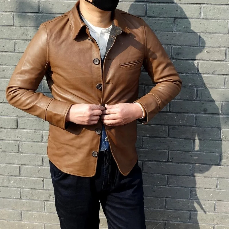 

Genuine vintage leather jacket, harajuku slim fit with buttons
