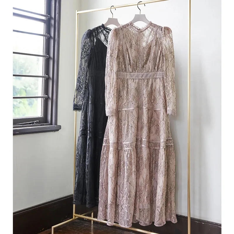 

Женское элегантное однотонное платье в японском стиле с круглым вырезом и длинными рукавами-фонариками, облегающее Плиссированное кружевн...