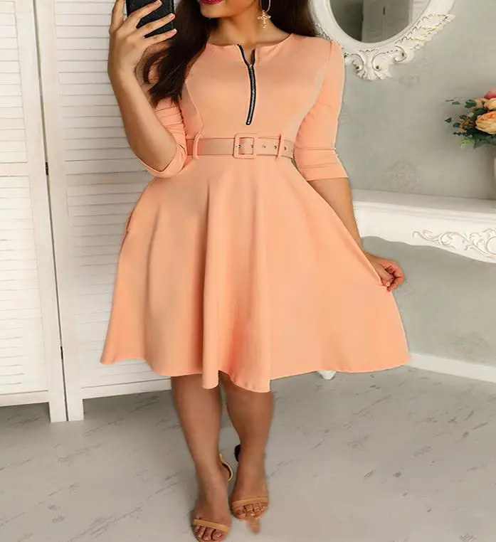 

Elegant Dresses for Women 2023 Summer New Casual Fashion Waist Zipper Design Medium Long Sleeved Dress with Belt Style Commuter