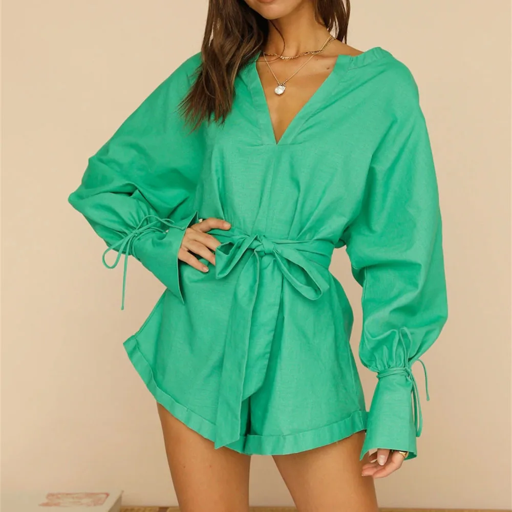 

NSMW MI Casual V-neck Waist Long Sleeve Jumpsuit Fashion Clothes Rompers Cotton Spring/summer 2022 New Solid Jumpsuit Women's