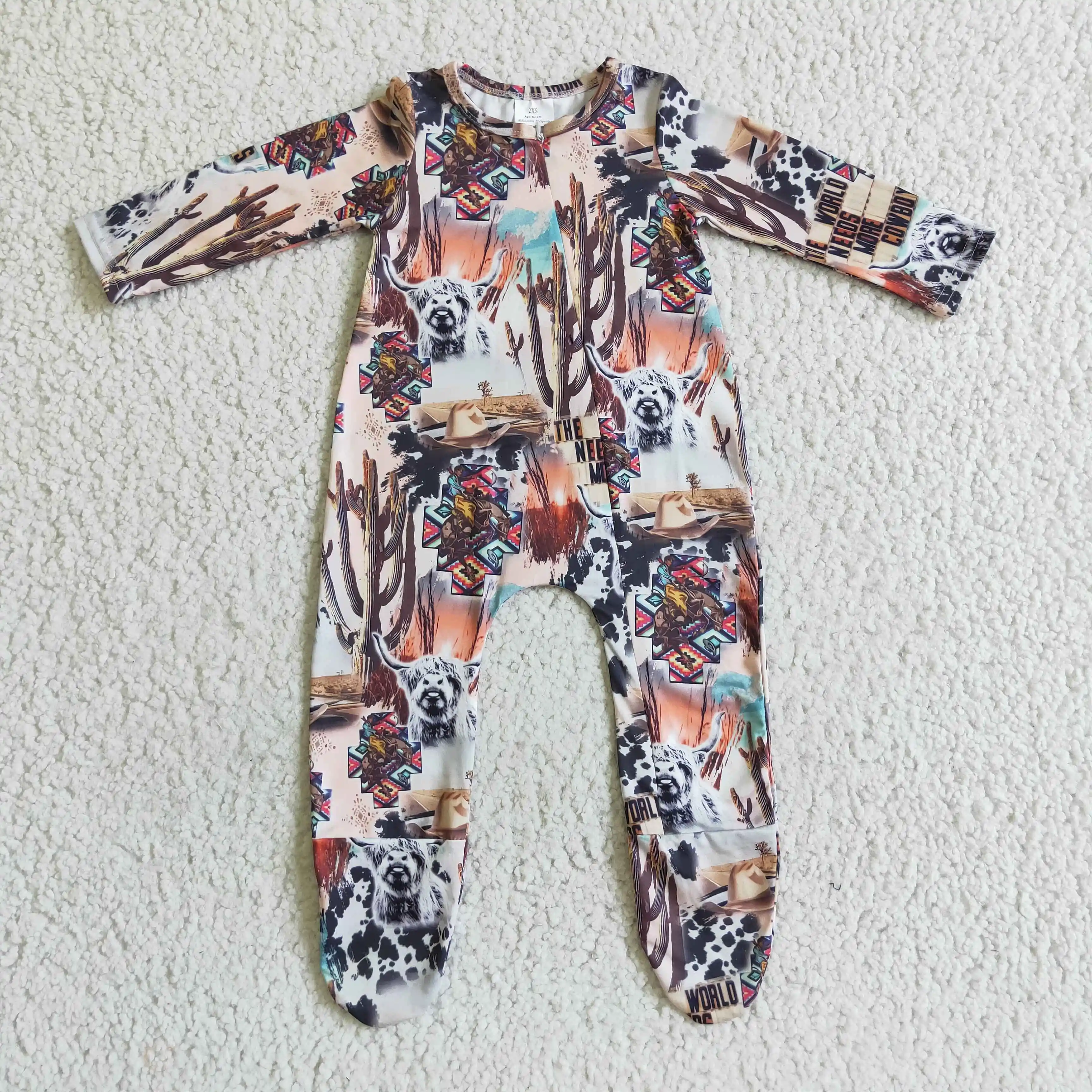 

LR0069 infants baby long sleeve cow and cactus pattern foot wrap bodysuit