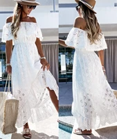 long boho dress women white sexy off the shoulder beach sundress flare long sleeve splice lace women dresses summer vestidos