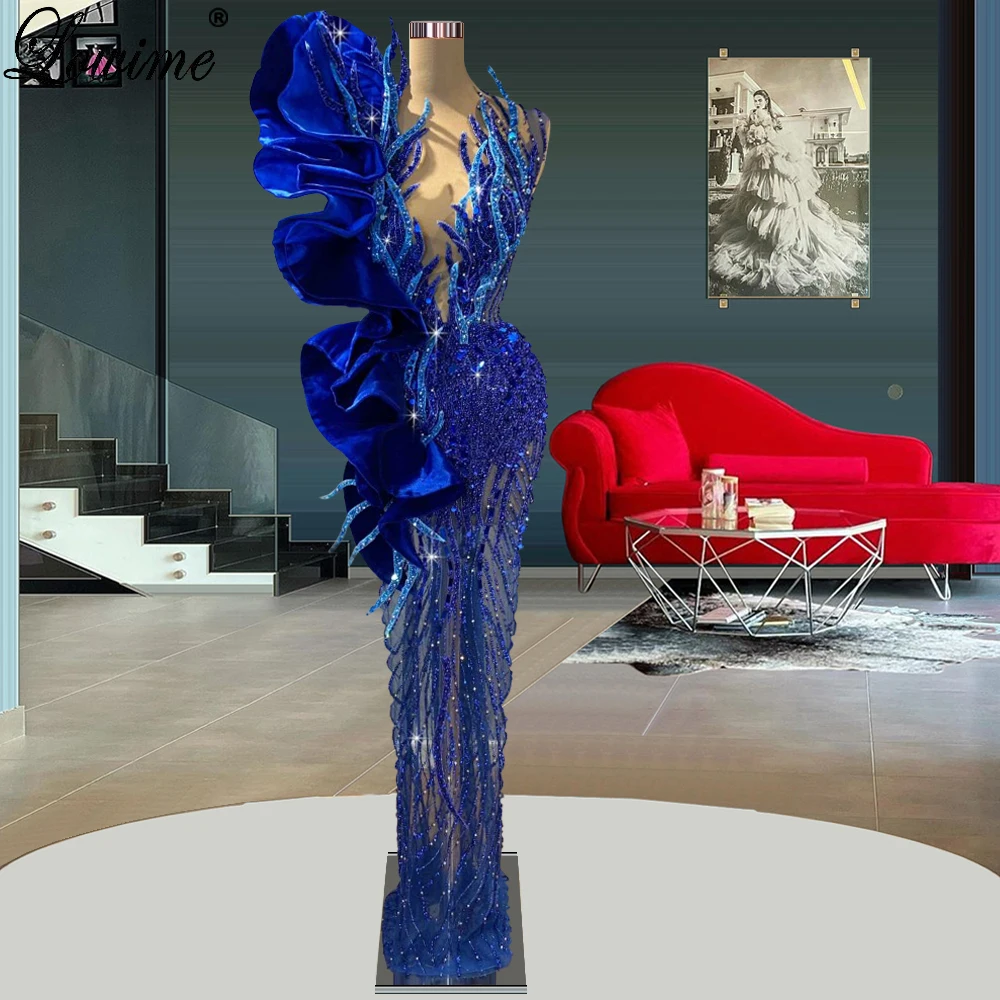 

New Fashion Royal Blue Evening Dresses Long Mermaid Celebrity Dresses Elegant Beaded Red Carpet Runway Dresses Abendkleider