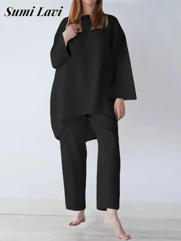 

2022 Spring Women Casual Pullover Set Fashion Long Sleeve Solid Two Piece Set Elegant O Neck Loose Tops + Straight Pants Outfits