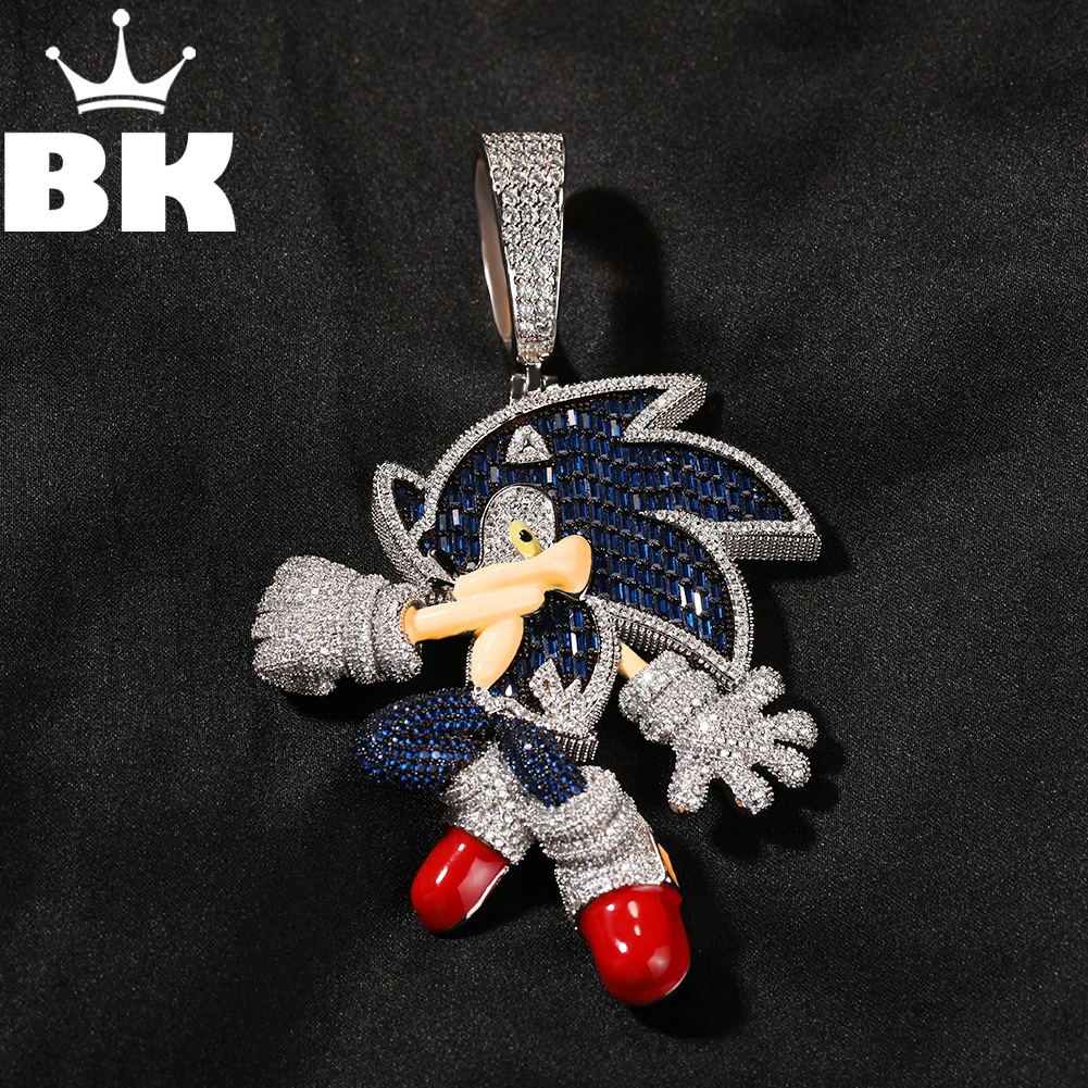 

THE BLING KING Sonic Pendant Necklace For Men Big Solid Anime Charm Iced Out BaguetteCZ Blue High Quality Fashion Jewelry Gift