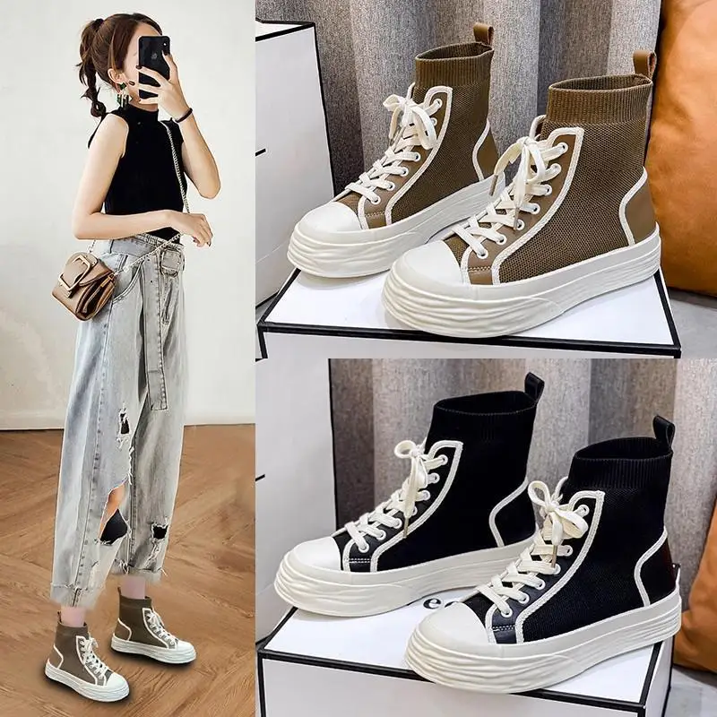 

Net Red Popular Women's 2022 New High-top Elastic Socks Boots Thick Bottom Knitted Short Boots Trend Ladies Boots