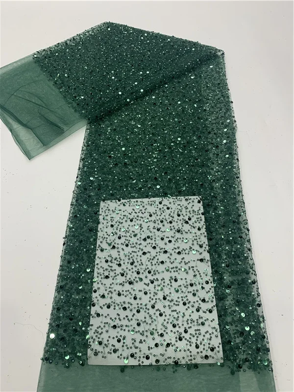 

Green (5yards/pc) Newest African tulle lace pearls tube beads sequins embroidered French net lace for party dress